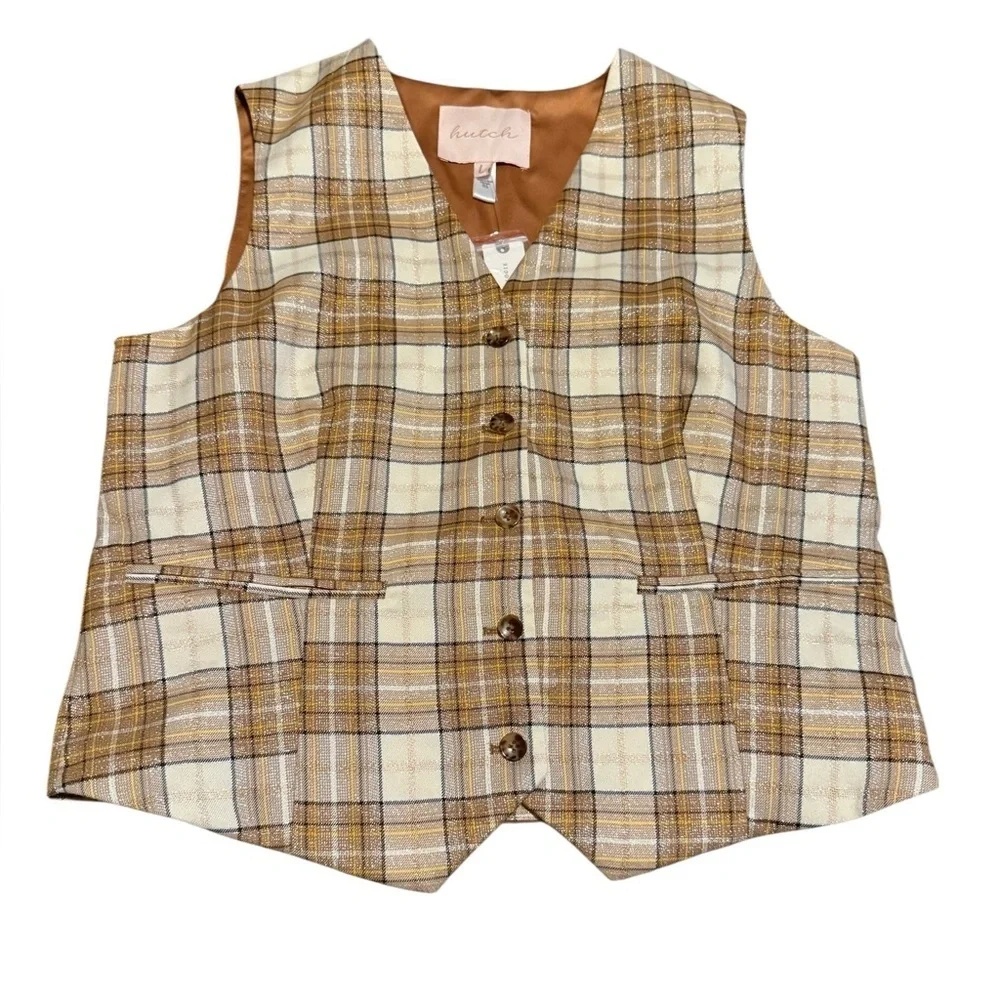 NWT Hutch Metallic Tweed Plaid Vest Size Large
